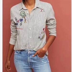 Mother Behind the Bars Blue Stripe Vista Foxy Boxy Embroidered Long Slv Shirt M